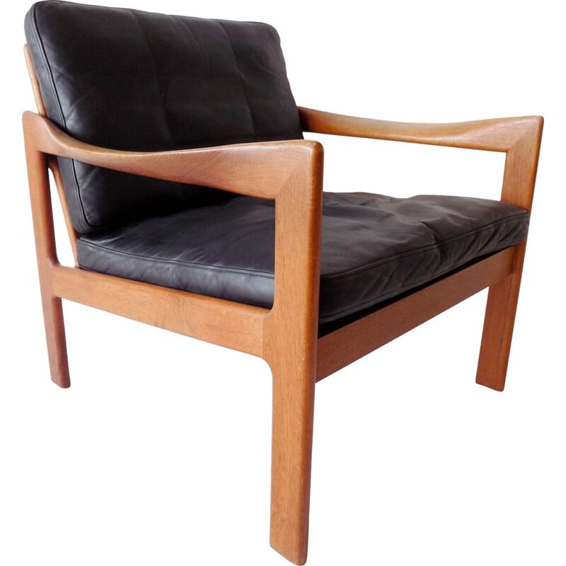 Vintage Teak chair in black leather N.Eilersen by Illum Wikkelso Danish  1960