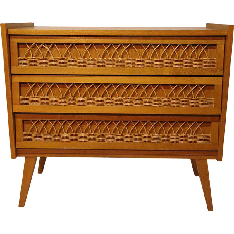 Vintage wooden and rattan chest of drawers 1960