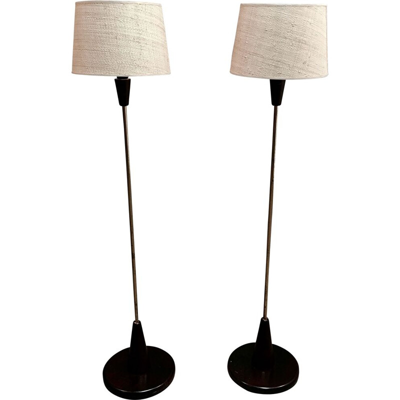 Paire de lampadaires vintage Noyer  Laiton  Bakélite  Osier 1950