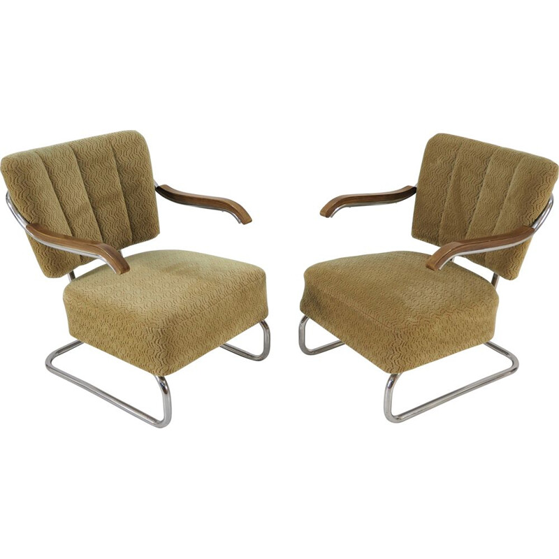 Pair of Vintage Chrome Bauhaus Robert Slezak Armchairs for Hynek Gottwald 1930