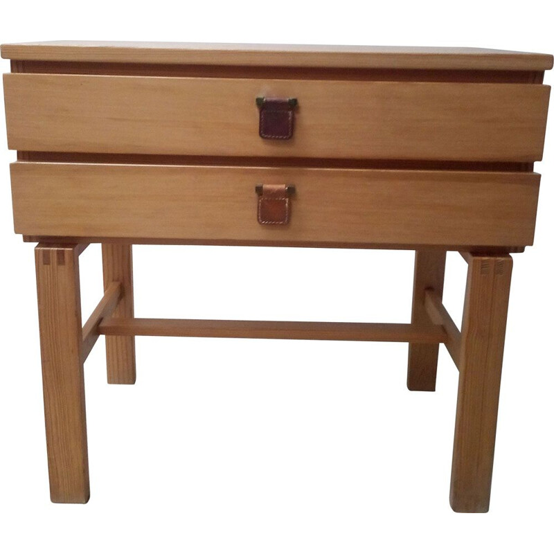 Vintage small swedish chest of drawers in pine with leather handle  1970