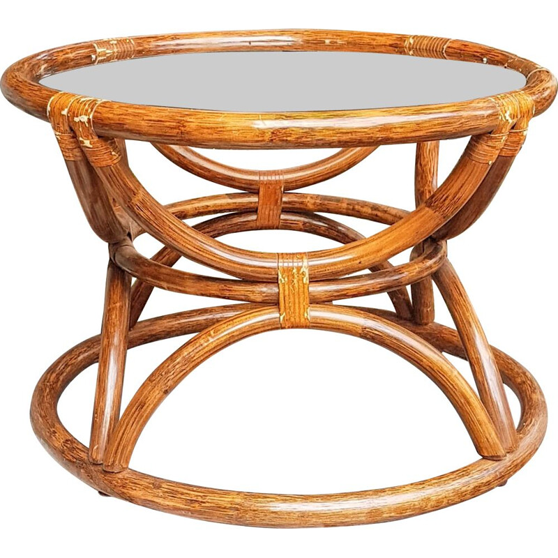 Vintage round natural bamboo coffee table 1950