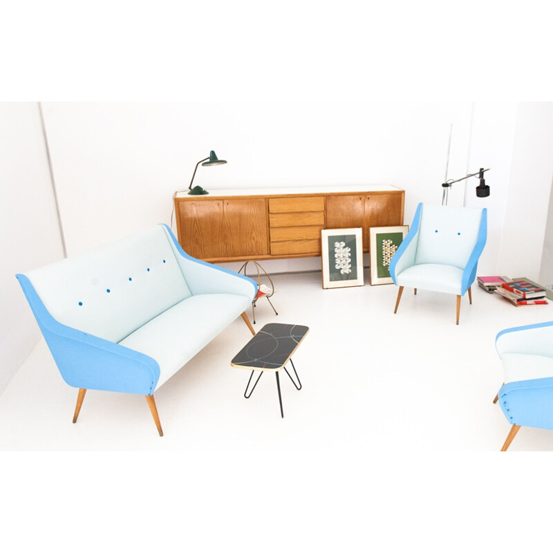 Swedish 2-seater sofa in white and blue skai - 1950s