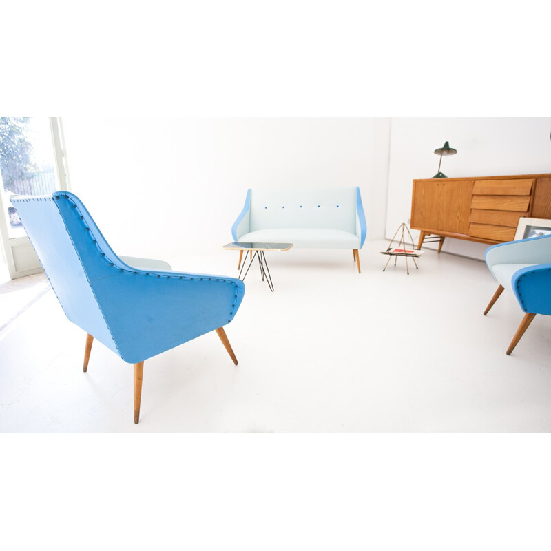 Swedish 2-seater sofa in white and blue skai - 1950s