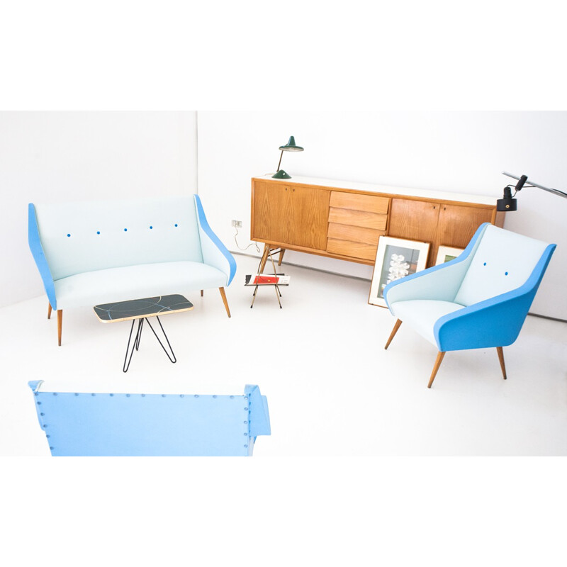 Swedish 2-seater sofa in white and blue skai - 1950s