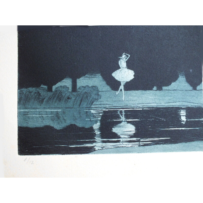 Grabado al aguatinta de época El lago de los cisnes de Sir Claude Francis Barry, 1900