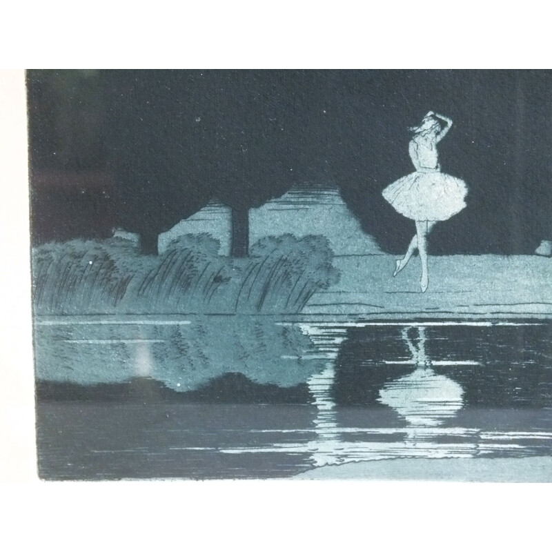 Gravura Aquatint do Lago dos Cisnes Vintage de Sir Claude Francis Barry, 1900