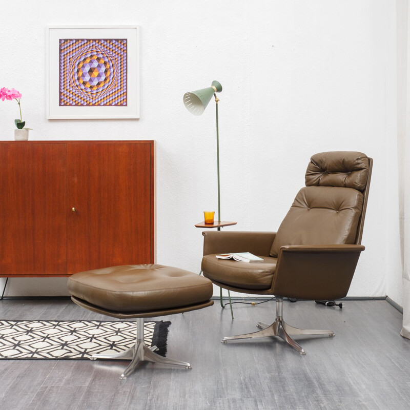Fauteuil lounge vintage en cuir avec tabouret, COR, par Horst Brüninge dit Artikel 1960s 