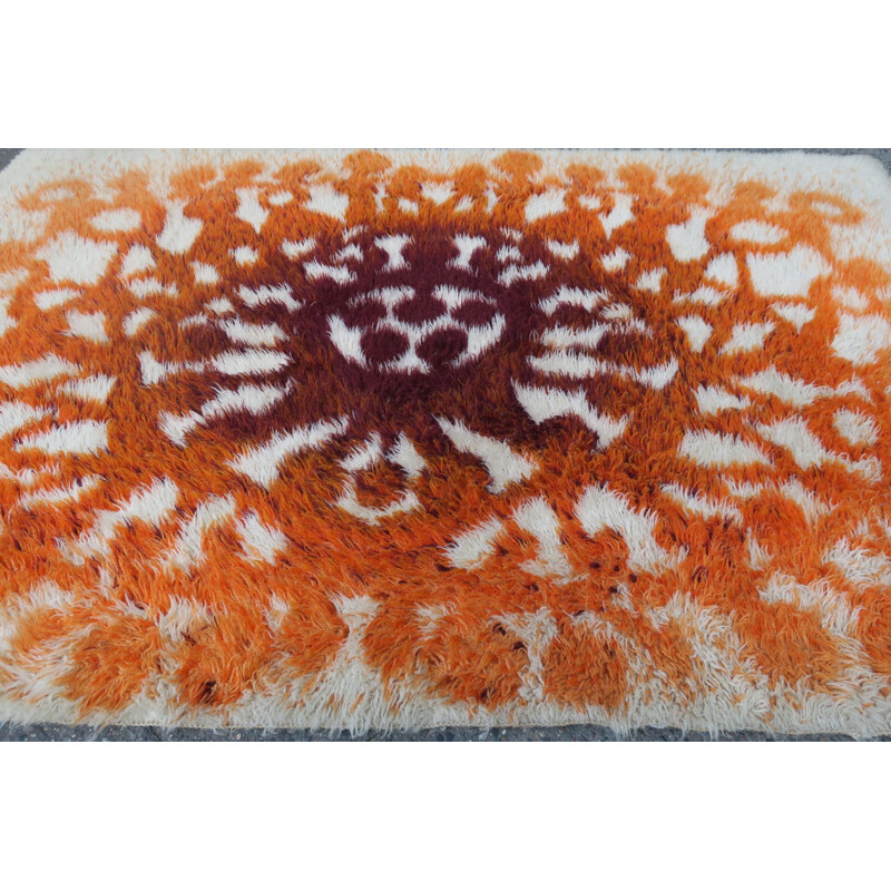 Vintage Rya Rug with Stylized Sunburst, Danish 1970s