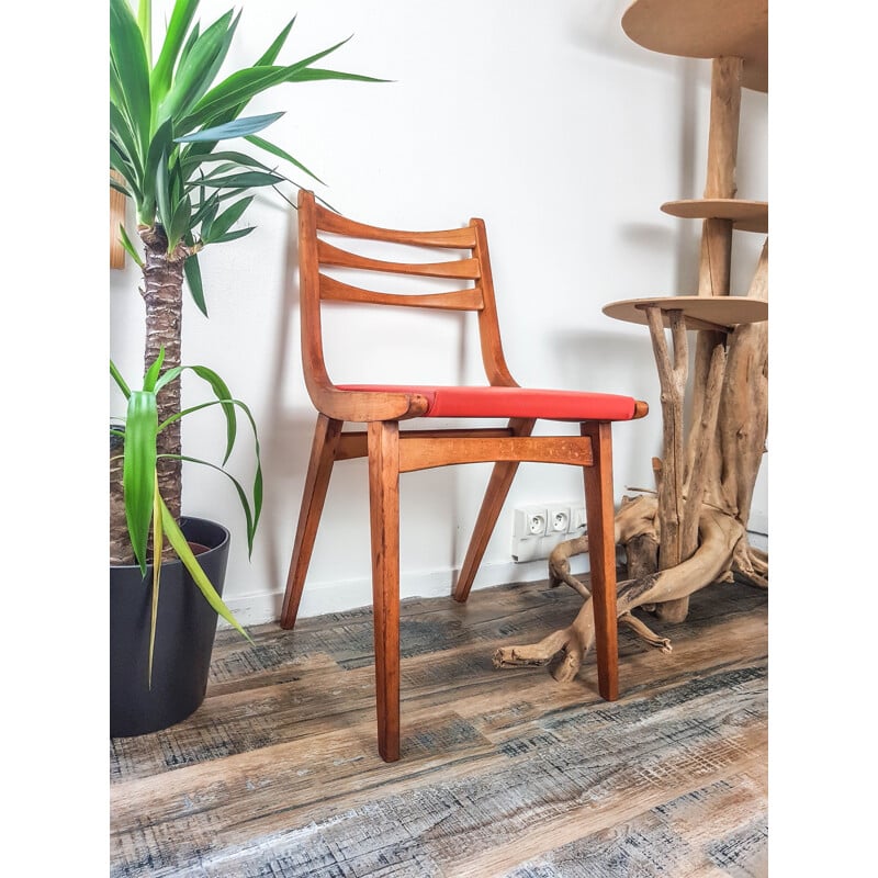 Chaise vintage en bois et Skaï corail Skaï Orange scandinave 1950 