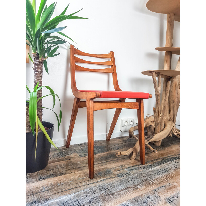 Vintage Wood and Coral Coral Skai Chair Scandinavian Orange 1950s 