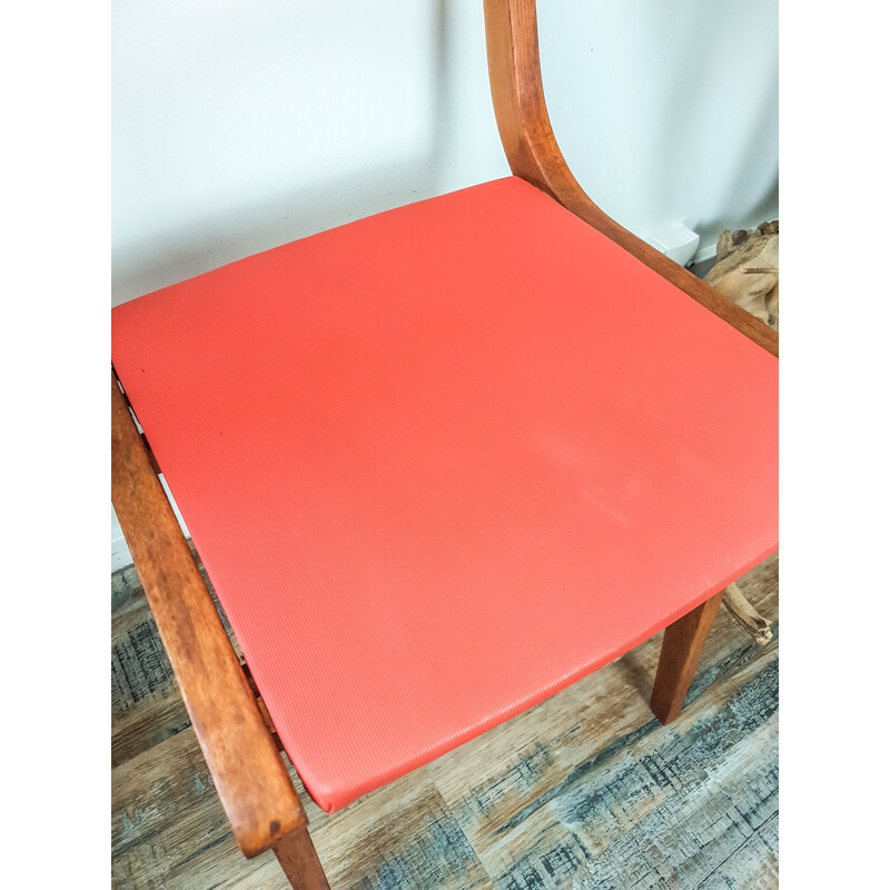 Vintage Wood and Coral Coral Skai Chair Scandinavian Orange 1950s 