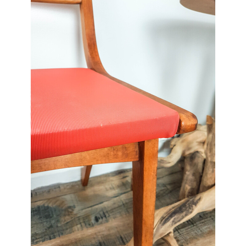 Vintage Wood and Coral Coral Skai Chair Scandinavian Orange 1950s 