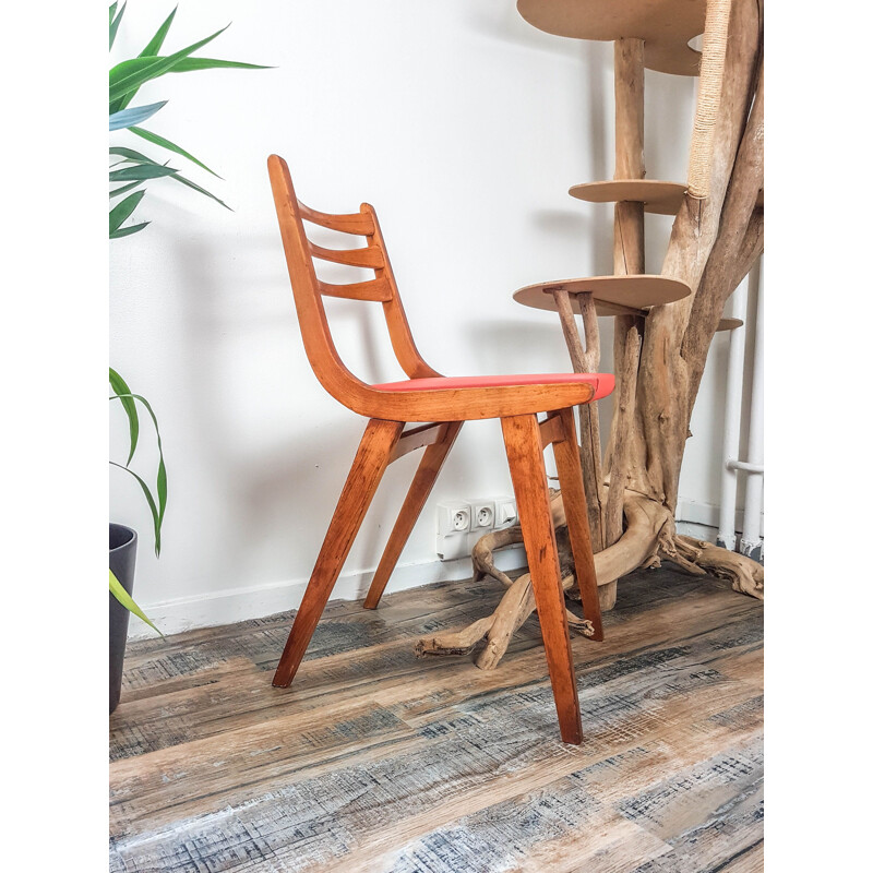 Vintage Wood and Coral Coral Skai Chair Scandinavian Orange 1950s 