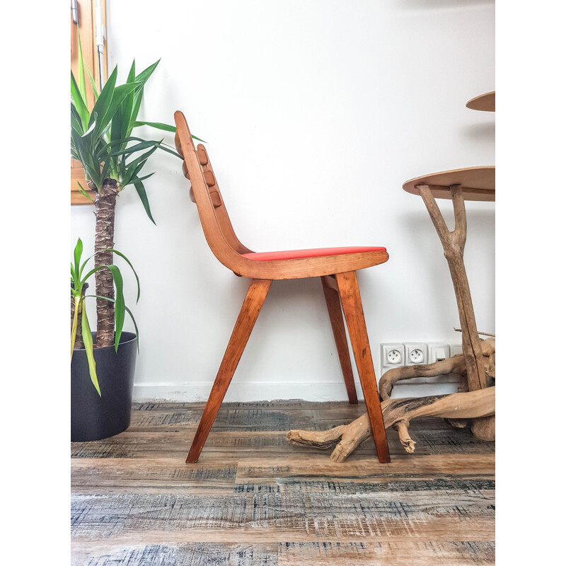 Vintage Wood and Coral Coral Skai Chair Scandinavian Orange 1950s 