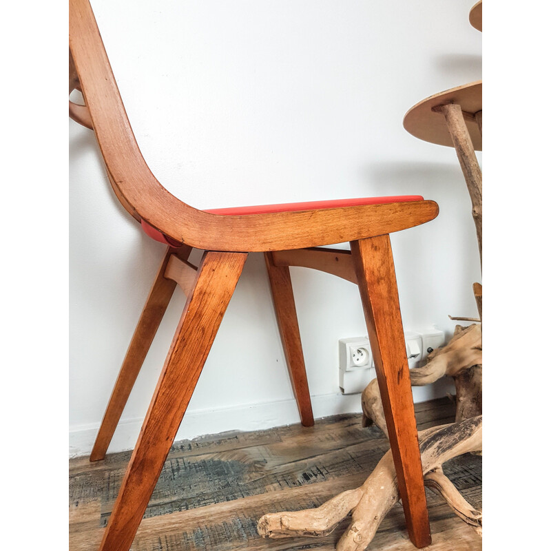 Chaise vintage en bois et Skaï corail Skaï Orange scandinave 1950 