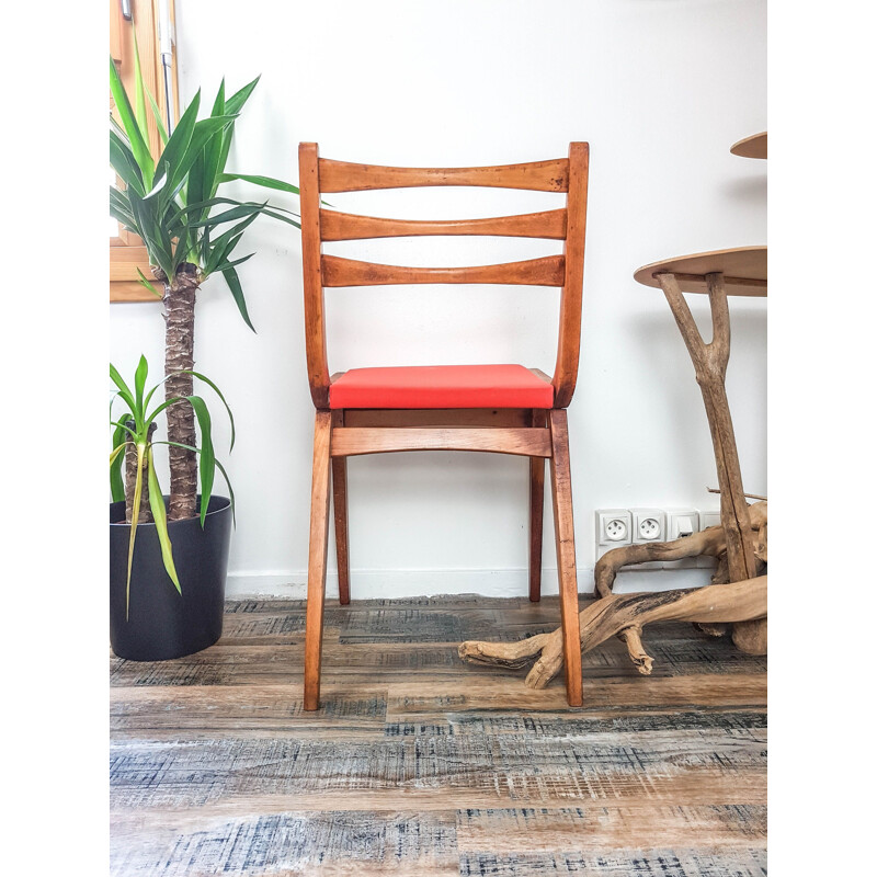 Vintage Wood and Coral Coral Skai Chair Scandinavian Orange 1950s 