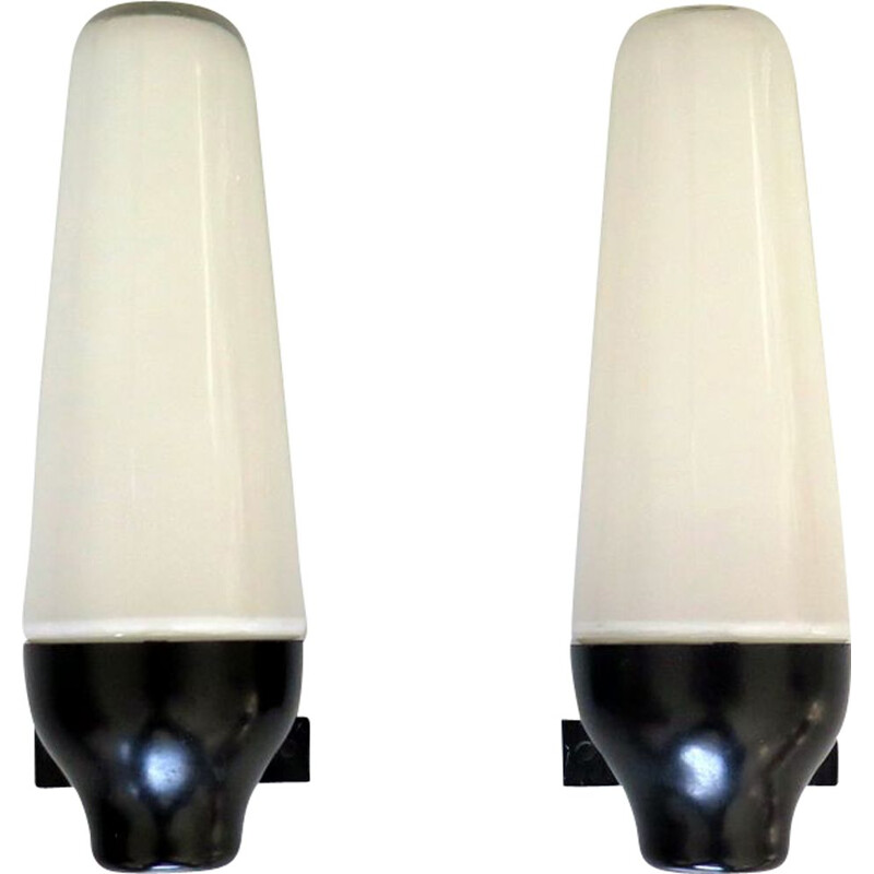 Pair of vintage opaline and backelite wall lamps 1950