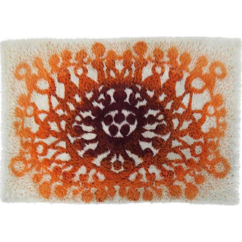 Vintage Rya Rug with Stylized Sunburst, Danish 1970s