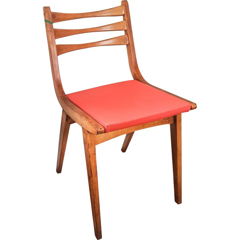 Vintage Wood and Coral Coral Skai Chair Scandinavian Orange 1950s 