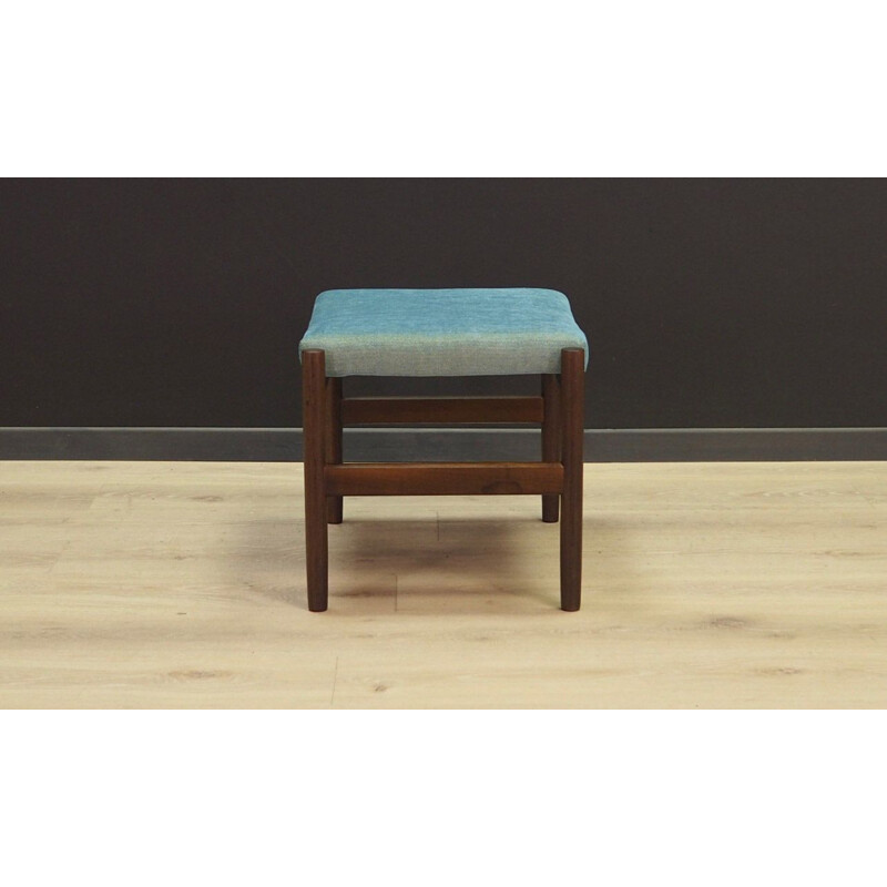 Vintage footrest oak turquoise fabric Scandinavian 1970s