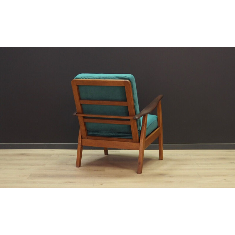 Vintage armchair velour in green colour oak wood Danish 1970s