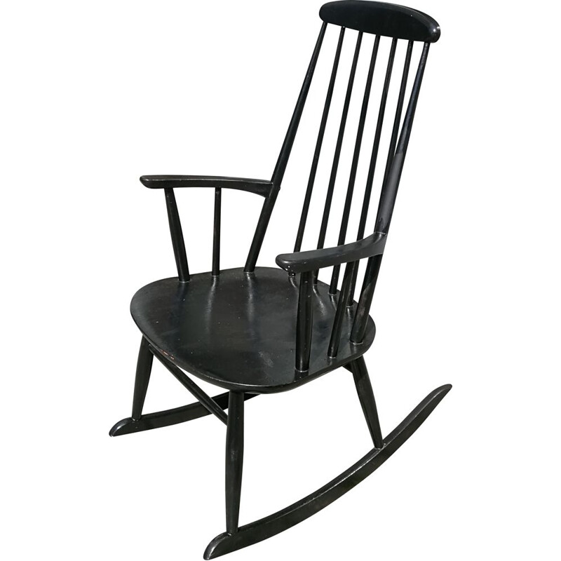 Rocking chair vintage noir en bois peint en noir 1960