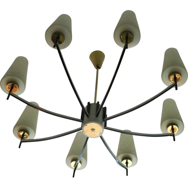 Mid-Century Brass and Art Glass Chandelier Italian 1970