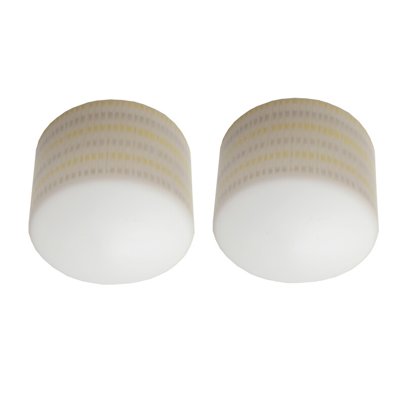 Set of two round and white wall lights in opaline with grey and yellow details - 1950s
