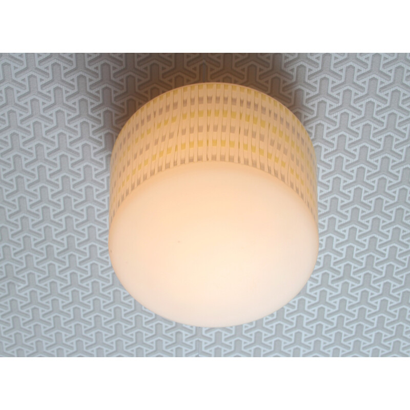 Set of two round and white wall lights in opaline with grey and yellow details - 1950s