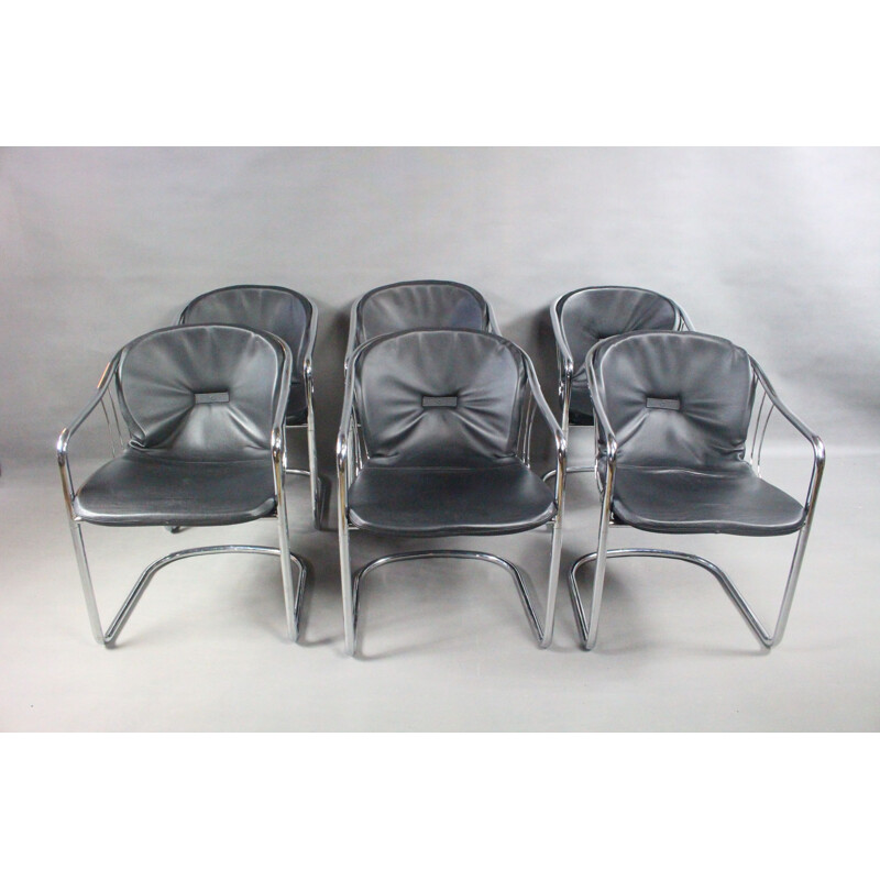 Lot de 6 chaises vintage en acier tubulaire et cuir 1970