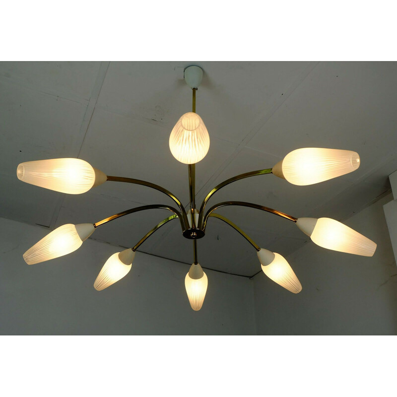 Large mid century ceiling lamp brass 8 glass shades sputnik lamp 1950s 