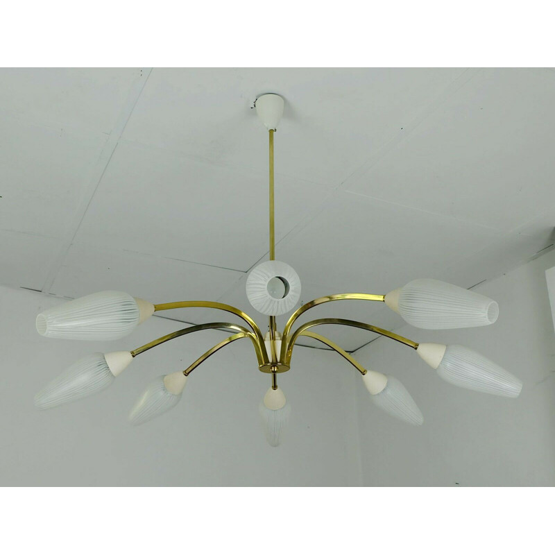 Large mid century ceiling lamp brass 8 glass shades sputnik lamp 1950s 