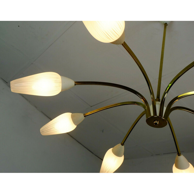 Large mid century ceiling lamp brass 8 glass shades sputnik lamp 1950s 