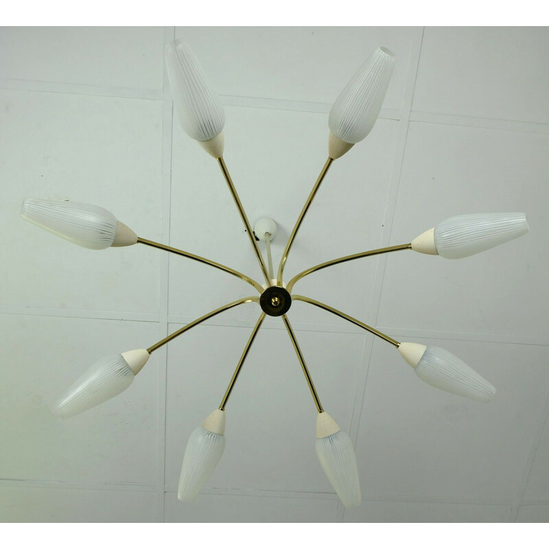 Large mid century ceiling lamp brass 8 glass shades sputnik lamp 1950s 