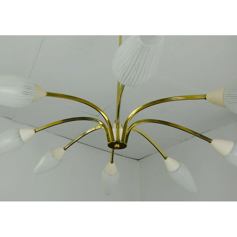 Large mid century ceiling lamp brass 8 glass shades sputnik lamp 1950s 