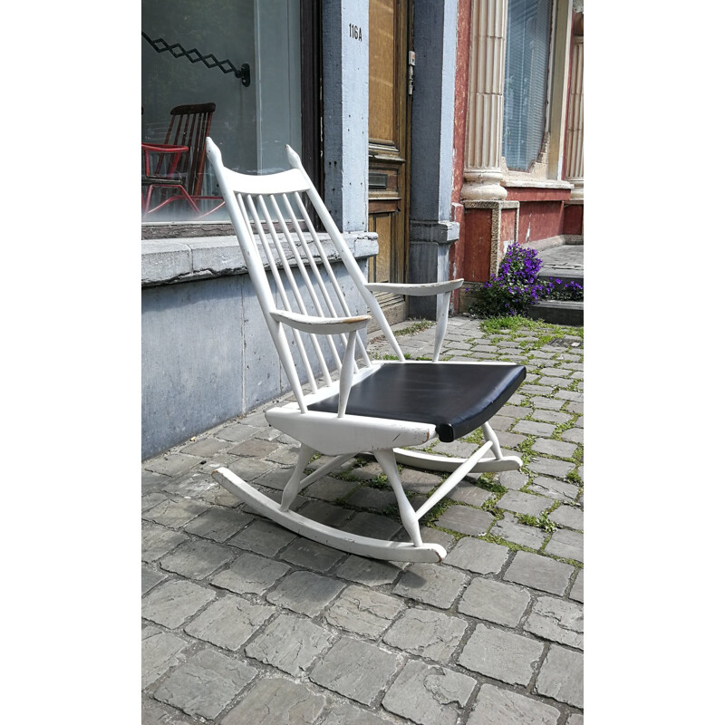 Chaise à bascule vintage en bois et en simili cuir bleu foncé