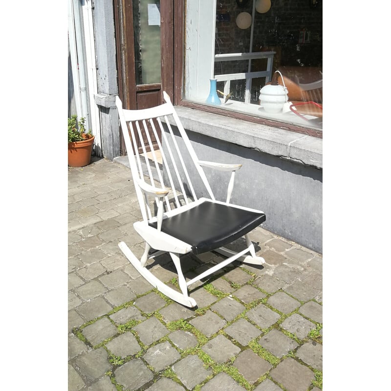 Chaise à bascule vintage en bois et en simili cuir bleu foncé