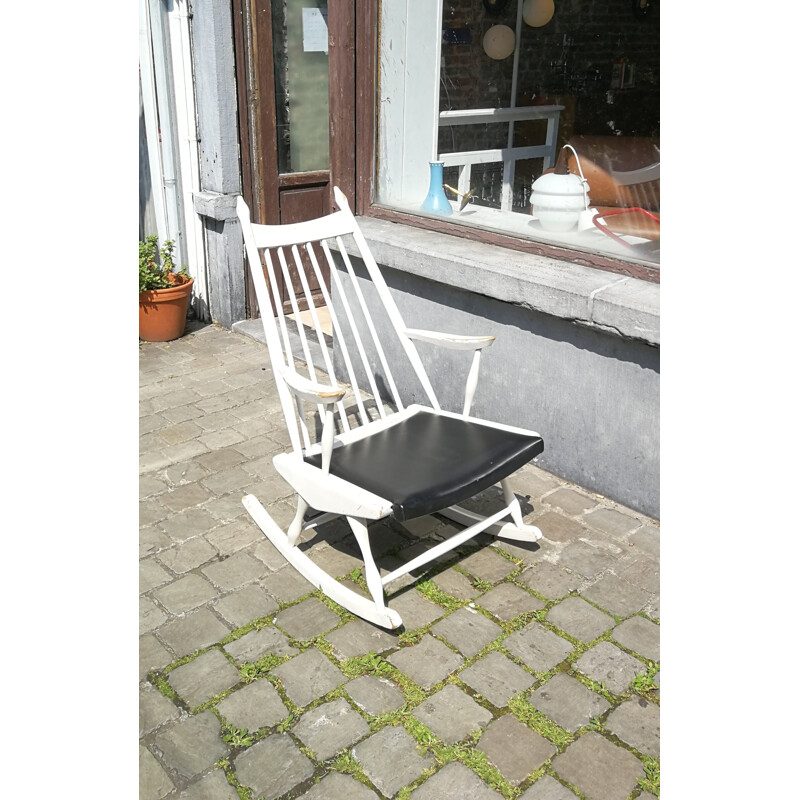 Vintage rocking chair in wood and dark blue imitation leather