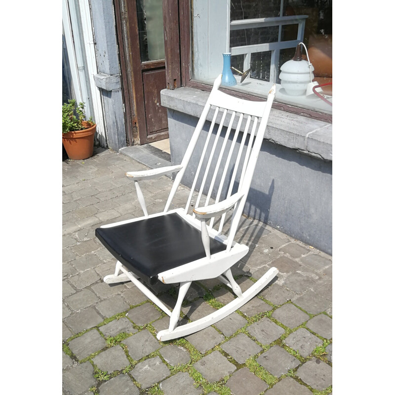 Vintage rocking chair in wood and dark blue imitation leather