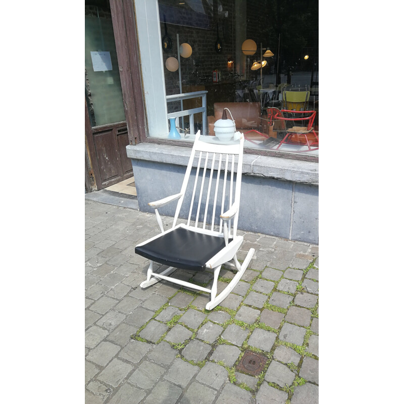 Cadeira de balanço em madeira vintage e couro, azul escuro