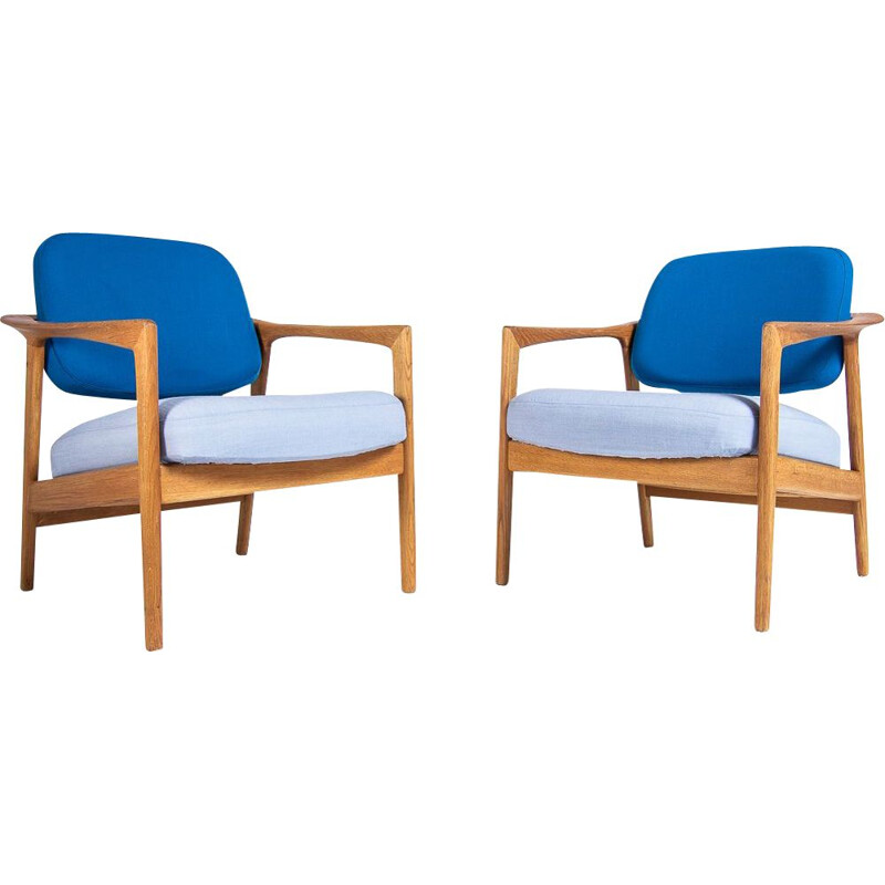 Paire de fauteuils vintage en chêne et laine, Folke Ohlsson suédois 1950