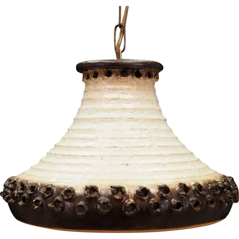 Vintage ceramic suspension lamp in white and brown 1970