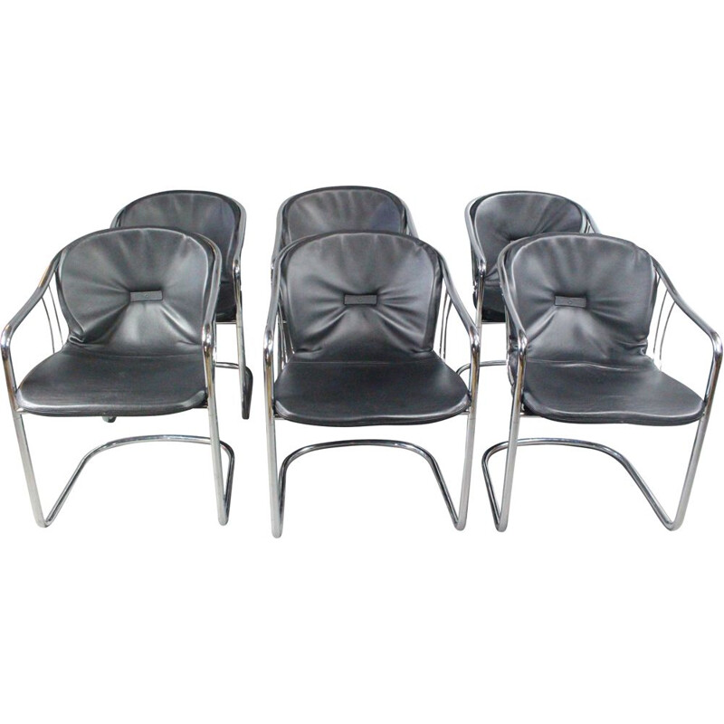 Set Of 6 Vintage Tubular Steel And Leather Dining Chairs, 1970s