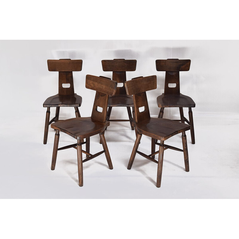 Set of 5 vintage Dark oak Brutalist dining  chairs 1970s