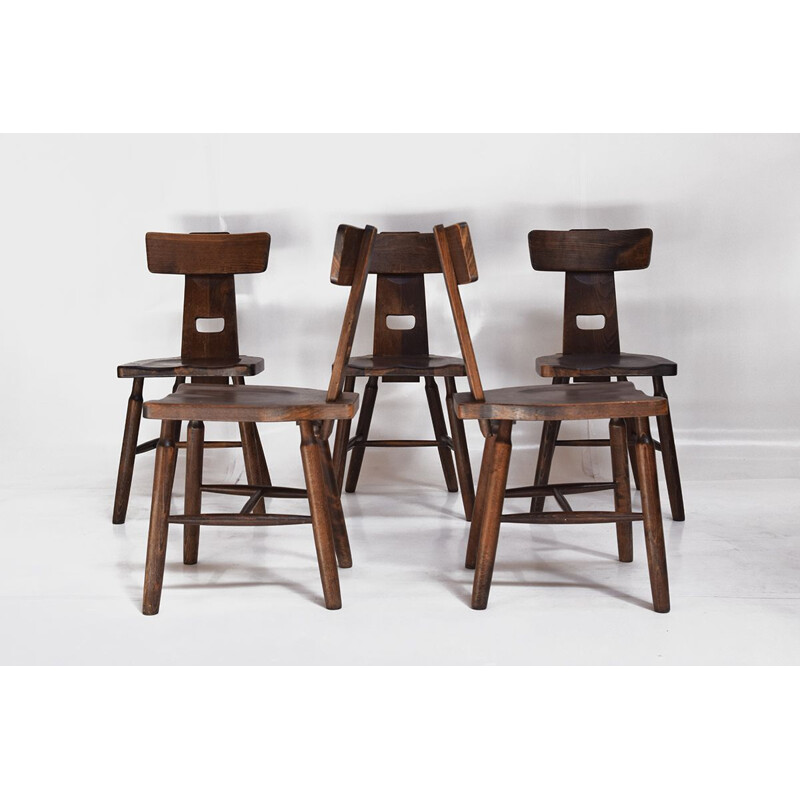 Set of 5 vintage Dark oak Brutalist dining  chairs 1970s