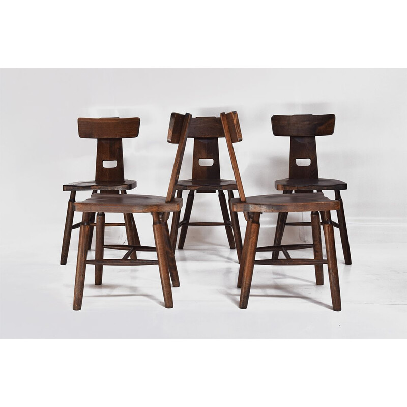 Set of 5 vintage Dark oak Brutalist dining  chairs 1970s