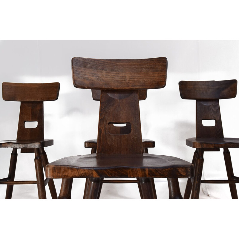 Set of 5 vintage Dark oak Brutalist dining  chairs 1970s