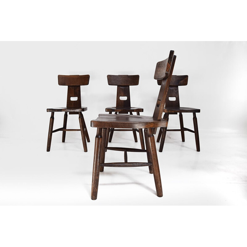 Set of 5 vintage Dark oak Brutalist dining  chairs 1970s