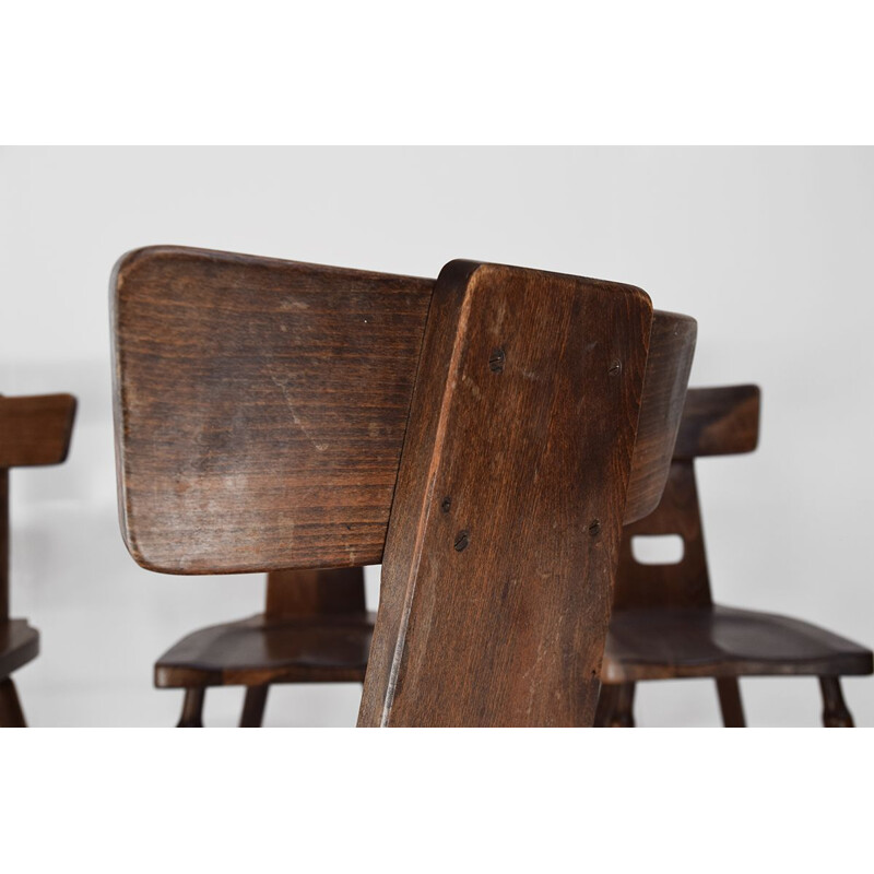 Set of 5 vintage Dark oak Brutalist dining  chairs 1970s